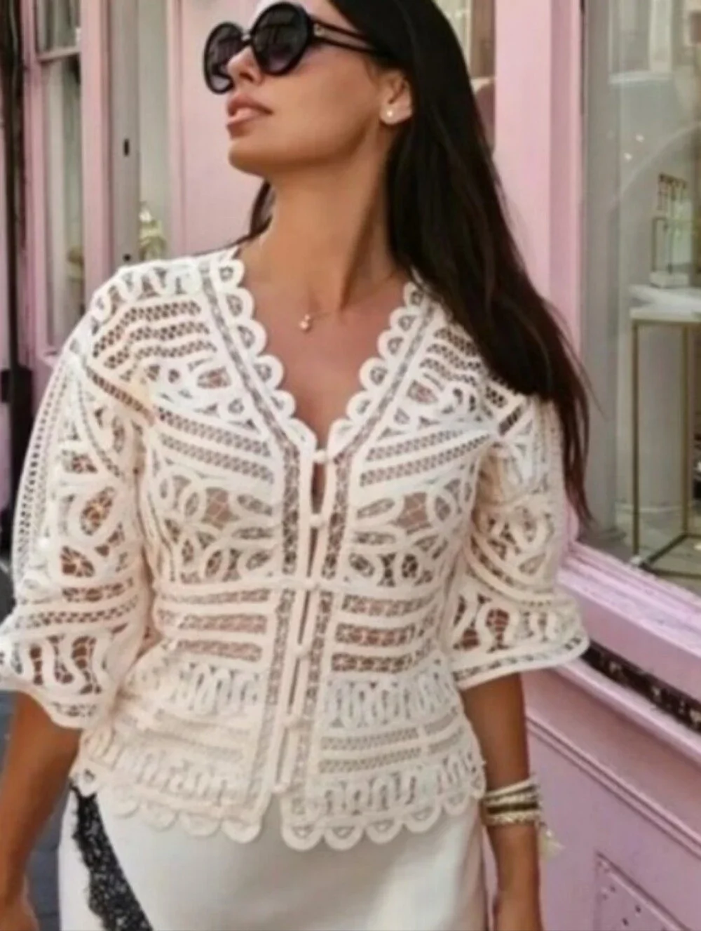 Zara Zw Collection Sheer Lace Crochet Short-Sleeve Top in Cream Sz-M